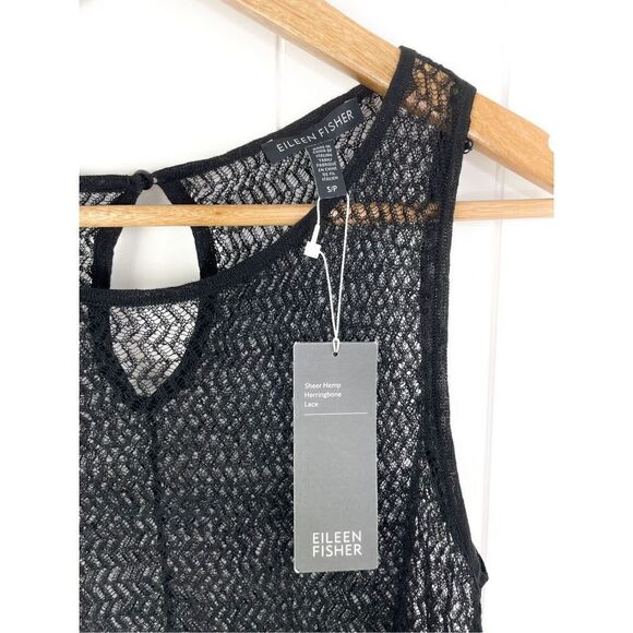 NWT $318 Eileen Fisher Sheer Hemp Herringbone Lace Open Knit Tank Dress Black - Picture 6 of 14